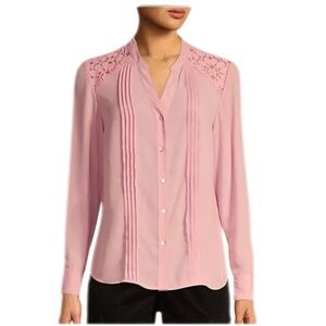 Nanette Lepore Sugar Plum Button Down Blouse Lace Pleats Long Sleeve Size XL